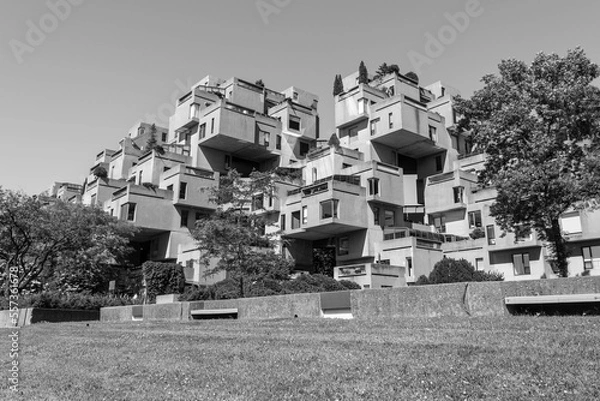Obraz MONTREAL, CANADA Habitat 67 is a housing complex in Montreal.Habitat 67 apartments.Modern architecture. Photograph Habitat 67 in black and white.