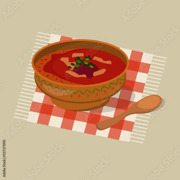 Fototapeta Borsch or red soup with fresh parsley on the plaid napkin. Cartoon vector illustration.