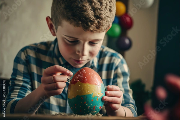 Obraz glückliches Kind bemalt Ostereier (Generative AI)