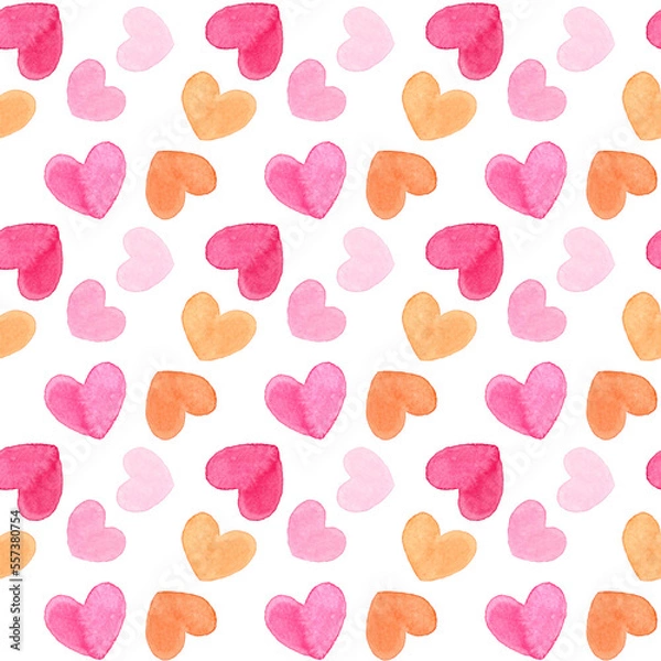 Fototapeta かわいいハートマークのパターン　手描き水彩イラストのハート柄