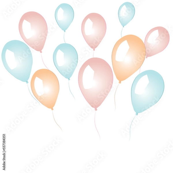 Fototapeta Hot air balloon in cartoon style. Bouquet of balloons for birthday and party. Flying balloon with a rope. Blue, rosy and yellow balloon isolated on a white background. Flat icon for celebration and ca