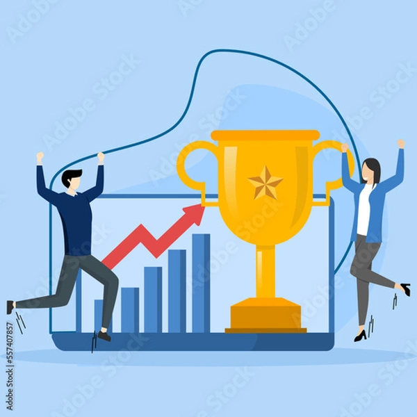 Fototapeta Winner concept with prize illustration. Characters celebrate first place wins with gold trophies, medals and other winning trophies. Business goals, achievement and success concept. Vector.