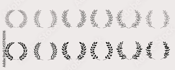 Obraz Set of black laurels branches. Flower ornament dividers collection. Hand drawn vector laurel leaves decorative elements. Vector illustration.