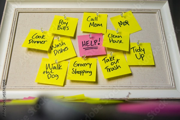 Fototapeta Help, Post it Notes, To Do List Sticky Notes, Overwhelmed Concept, Busy Concept, Need Help Concept 