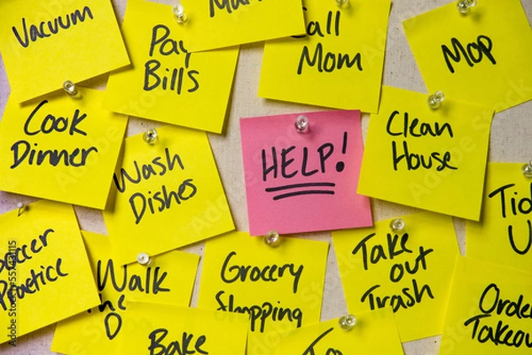 Fototapeta Help, Post it Notes, To Do List Sticky Notes, Overwhelmed Concept, Busy Concept, Need Help Concept 