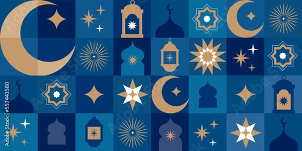 Obraz Ramadan Kareem Border, Islamic art Style Background. Symbols of Ramadan Mubarak, Hanging Gold Lanterns, arabic lamps, lanterns moon, star, art vector and illustration