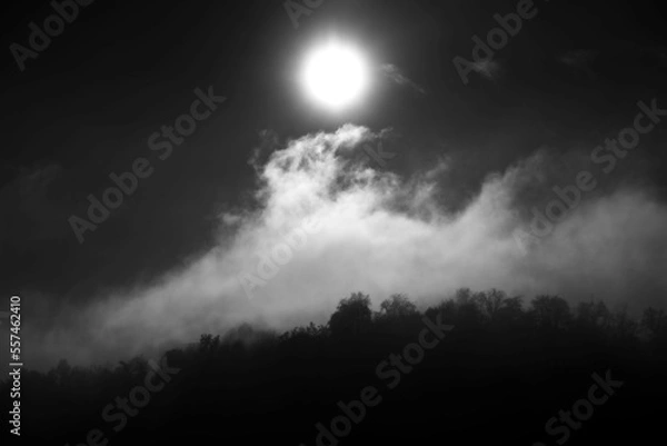 Fototapeta Moonrise silhouettes forest with wispy mountain clouds in the alps
