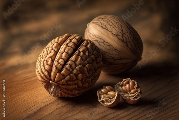Fototapeta a walnut and a walnut nut on a wooden table with a brown background and a brown background with a few walnuts.