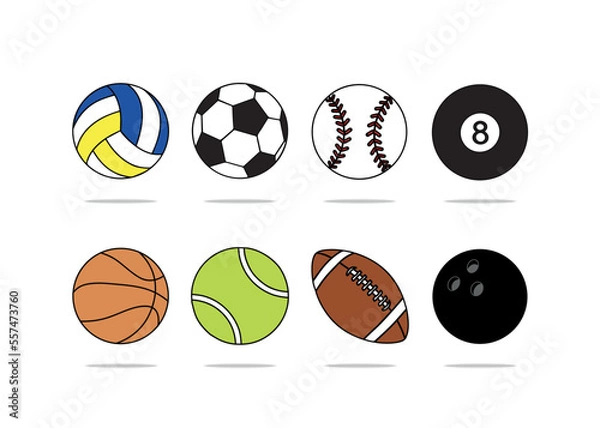 Fototapeta vector set of cartoon sports balls, volleyball, football, baseball, billiards, basketball, tennis, american football and bowling balls isolated on white background