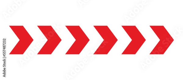 Fototapeta Arrow red chevron symbol. Warning striped arrow. Safety type. Construction border. Isolated on white background. Vector  illustration
