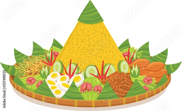 Obraz Vector traditional Indonesian food, nasi tumpeng, nasi kuning - with tempeh, egg