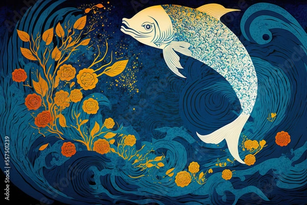 Fototapeta Japanese inspired abstract painting with flowers and waves in the form of fish on a blue backdrop. Oriental nature and ocean waves. design of a fantasy scenario. Generative AI