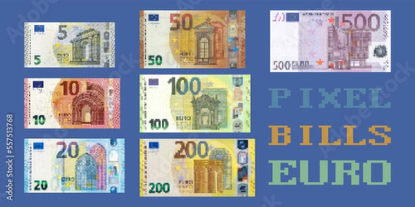 Fototapeta Vector set of pixel European Union banknotes. The denomination of paper money is from 5 to 500 euros.