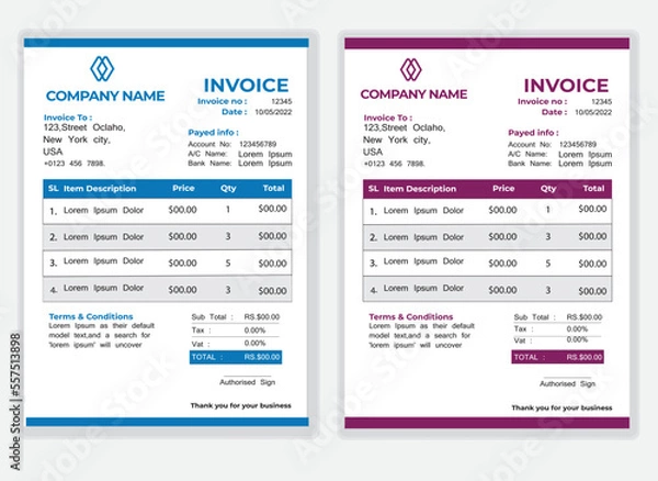 Fototapeta Business Minimal Corporate Invoice design template vector illustration bill form price . Creative template and stationery design payment agreement design template Cash Memo, Vector Quotation Design