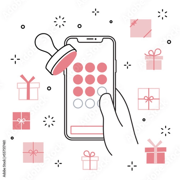 Obraz 手に持ったスマートフォンのアプリ スタンプカード プレゼントのアイコンセット