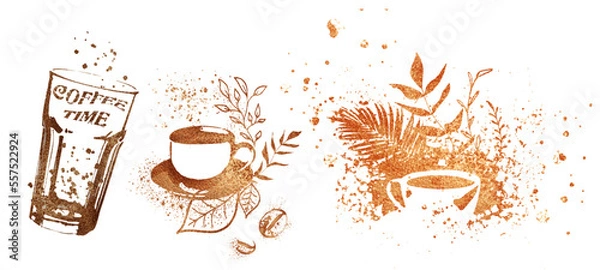 Obraz Coffee time for coffee lovers. Coffee with coffee beans, coffee pot, espresso macchiato. Coffee shop.  Isolated on a white background.  Coffee print design with mocha pot and different coffee cups.