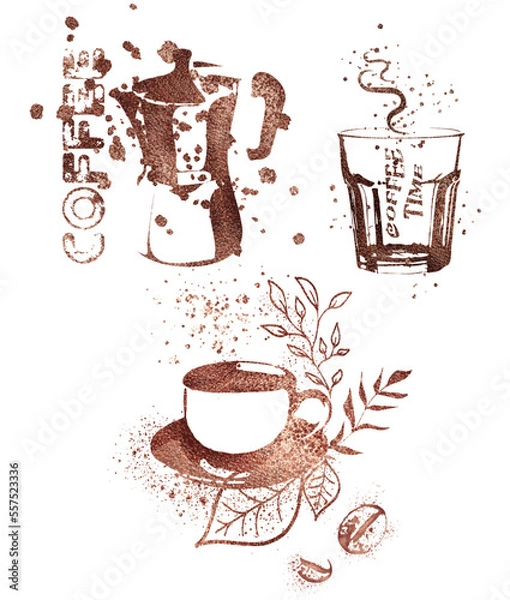 Fototapeta Coffee shop - Coffee time for coffee lovers. Coffee with coffee beans, coffee pot, espresso macchiato.  Isolated on a white background.  Coffee print design with mocha pot and different coffee cups.