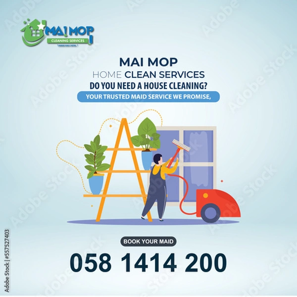 Fototapeta Cleaning service with professional equipment during work An employee of a professional cleaning service in overalls washes the glass of the windows of the facade of the building.