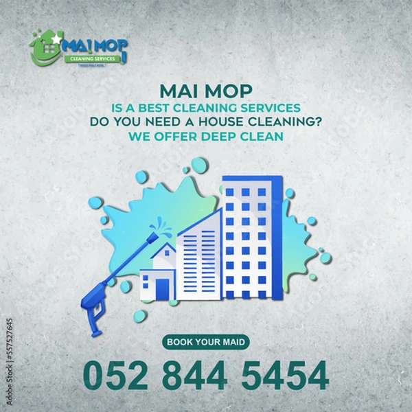 Fototapeta Cleaning service with professional equipment during work An employee of a professional cleaning service in overalls washes the glass of the windows of the facade of the building.