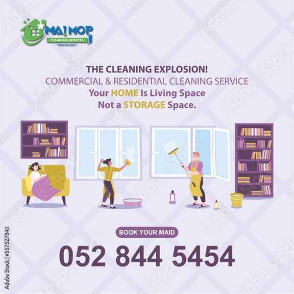 Fototapeta Cleaning service with professional equipment during work An employee of a professional cleaning service in overalls washes the glass of the windows of the facade of the building.