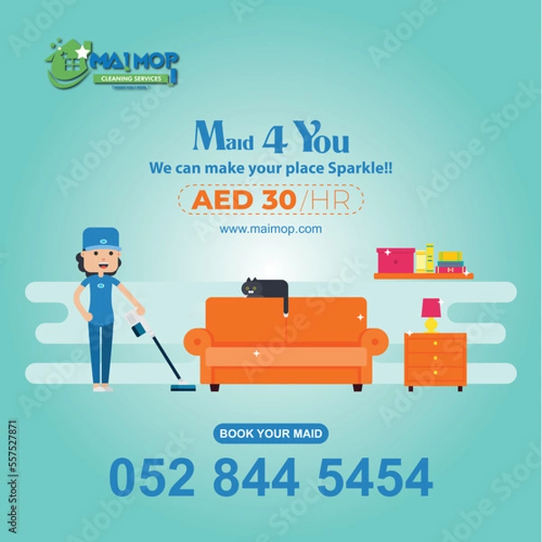 Fototapeta Cleaning service with professional equipment during work An employee of a professional cleaning service in overalls washes the glass of the windows of the facade of the building.