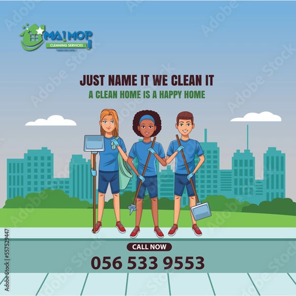 Fototapeta Cleaning service with professional equipment during work An employee of a professional cleaning service in overalls washes the glass of the windows of the facade of the building.