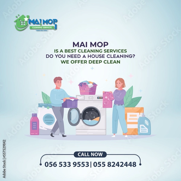 Fototapeta Cleaning service with professional equipment during work An employee of a professional cleaning service in overalls washes the glass of the windows of the facade of the building.