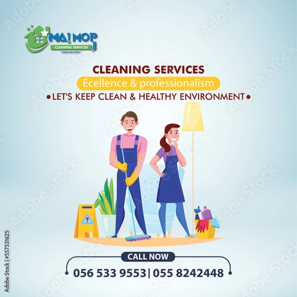 Fototapeta Cleaning service with professional equipment during work An employee of a professional cleaning service in overalls washes the glass of the windows of the facade of the building.