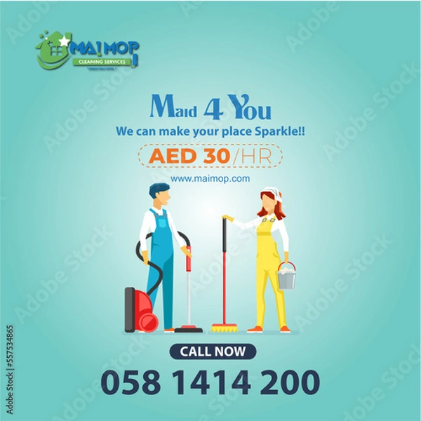 Fototapeta Cleaning service with professional equipment during work An employee of a professional cleaning service in overalls washes the glass of the windows of the facade of the building.