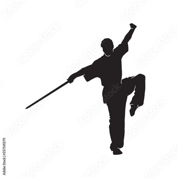 Fototapeta Vector silhouette of martial arts kung fu man standing and use sword to perform. Shaolin master illustration on white.