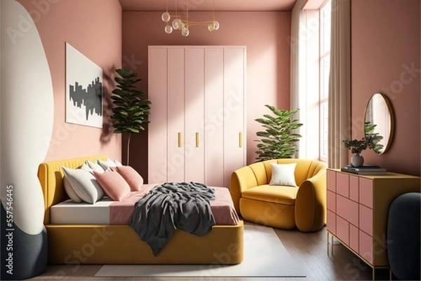 Fototapeta realistic diagrammatic view 3d render photo of a harmonious and joyful style bedroom with a wardrobe and a dark pink main wall