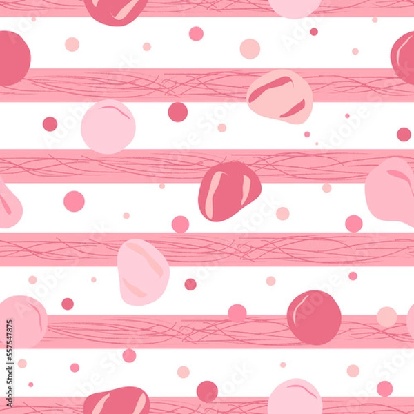 Fototapeta pink abstract stones on stripes seamless vector pattern. Pink theme pebbles scattered on textured stripes seamless vector repeat pattern.