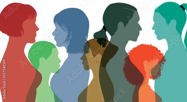 Fototapeta Women and girls from multi-national and multi-ethnic backgrounds who communicate and share information. Social network profile of a female head and a community of females.