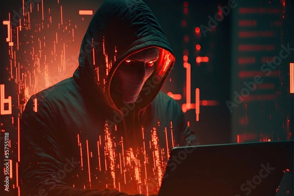 Fototapeta Computer hacker stealing data from a laptop. Created with Generative AI technology