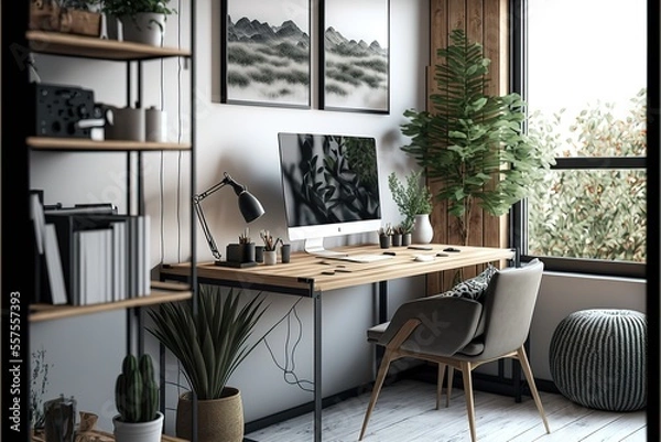 Fototapeta interior of cozy living room. Remote working and work from home as an office is a new business trend. Home office is a safe place to work. Generative AI