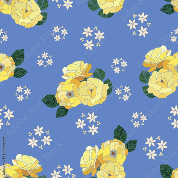 Fototapeta Vector yellow roses seamless pattern design, perfect for design, fabric, wallpaper, scrapbooking etc.