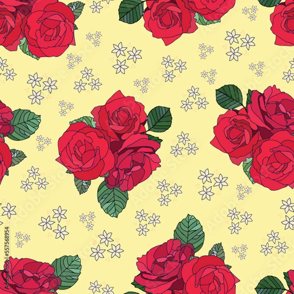 Fototapeta Vector red roses seamless pattern,  perfect for fabric, card design, backgrounds, decoration for Valentine's, anniversaries and celebrations.