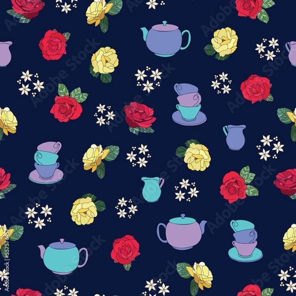 Fototapeta Vector garden tea party seamless pattern, perfect for festive wrapping paper, fabric, decoration and design.