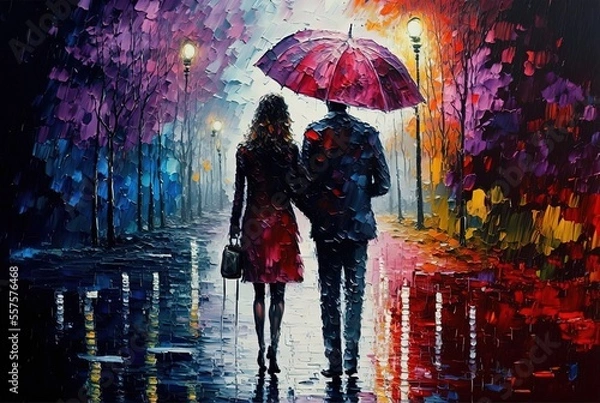 Obraz oil painting style illustration of a sweet couple dating at beautiful park during spring rain under same umbrella 