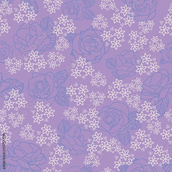 Fototapeta Vector seamless pattern of roses and clematis, perfect for floral background texture, wallpaper, wrapping paper, fabric, scrapbooking and design.