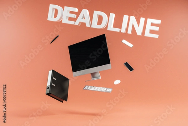 Fototapeta pc, keyboard, mouse, display, binder and office supplies floating in the air orange background; business work productivity and efficiency concept; 3D Illustration