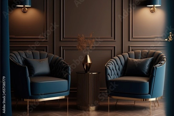 Obraz Living room or buisness hall scene in deep dark colors. Combination of blue and chocolate brown. Empty wall blank - navy background and dark beige armchairs. Generative AI