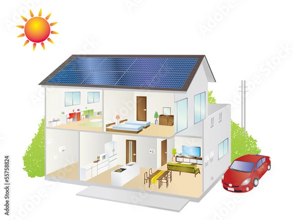 Fototapeta 切妻屋根の太陽光発電住宅