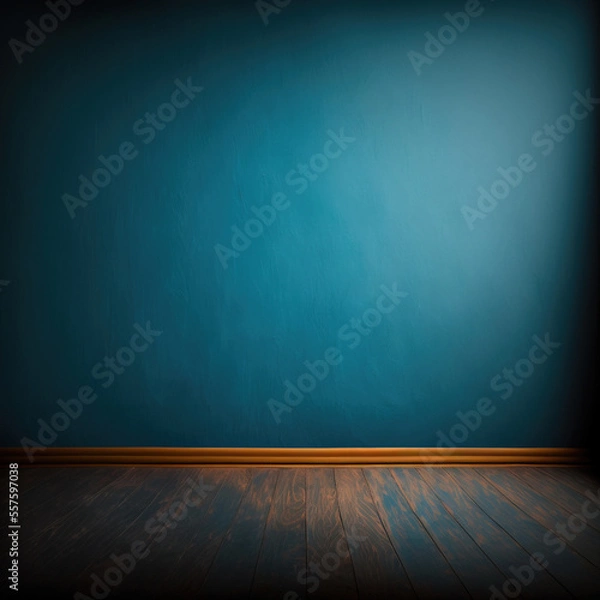 Obraz Abstract blue room studio background for product presentation. Empty room with wood flooring . 3d room with copy space. Blue concert. Blurred backdrop made with Generative AI