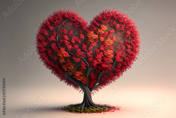 Fototapeta red maple tree in the shape of a heart 3d illustration made by generative ai