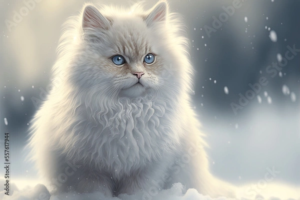 Fototapeta White, fluffy cat in white snow. Generative AI.