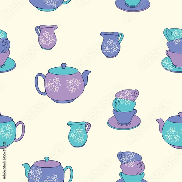 Fototapeta Vector seamless pattern teapots, teacups and milk jugs, perfect for festive wrapping paper, decoration, card design, background and wallpaper.