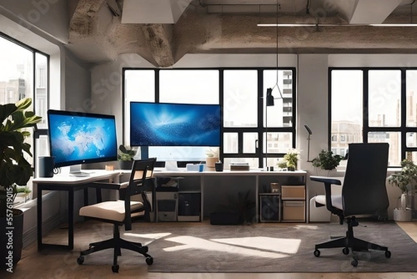 Fototapeta Cozy, Modern home office workplace with computer and desk, wooden floor, natural light, and rug with a big window view of the city