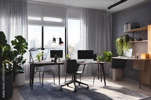 Fototapeta Cozy, Modern home office workplace with computer and desk, wooden floor, natural light, and rug with a big window view of the city