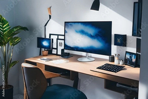 Fototapeta Cozy, Modern home office workplace with computer and desk, wooden floor, natural light, and rug with a big window view of the city